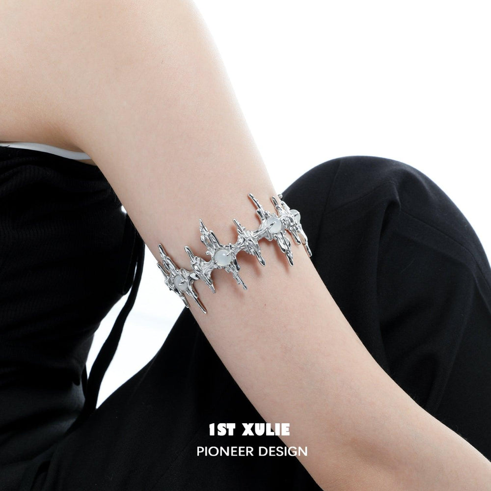 1ST XULIE "Day Dream" Statement White Agate Upper Arm Cuff in Platinum Plated - On Model
