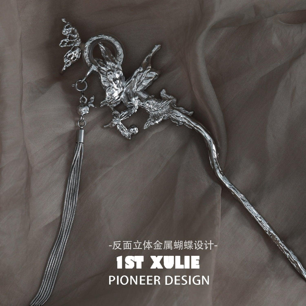 1ST XULIE "Whiterfly" Statement White Chalcedony Butterfly Hairpin in Platinum Plated - Detail Shot