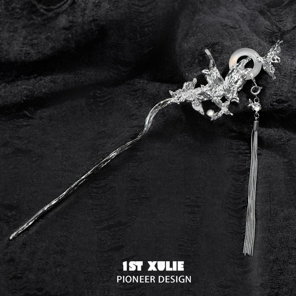 1ST XULIE "Whiterfly" Statement White Chalcedony Butterfly Hairpin in Platinum Plated - Product View