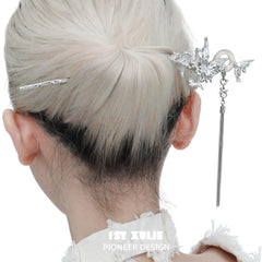 1ST XULIE "Whiterfly" Statement White Chalcedony Butterfly Hairpin in Platinum Plated - On Model
