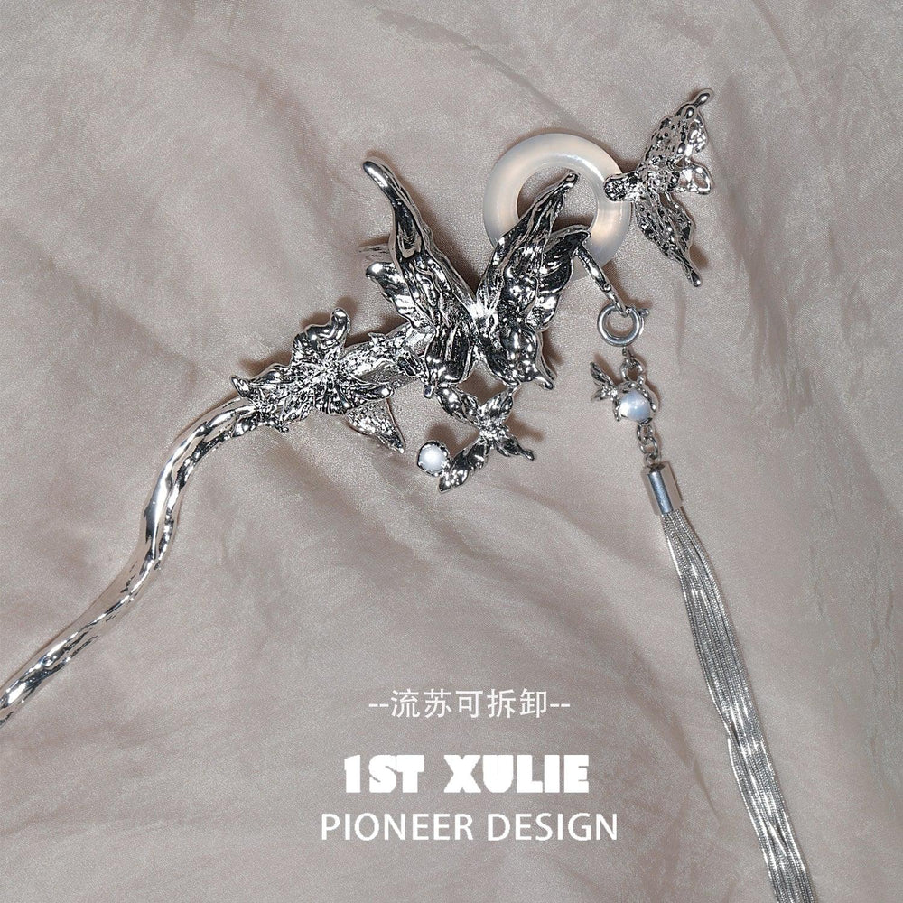 1ST XULIE "Whiterfly" Statement White Chalcedony Butterfly Hairpin in Platinum Plated - Side View