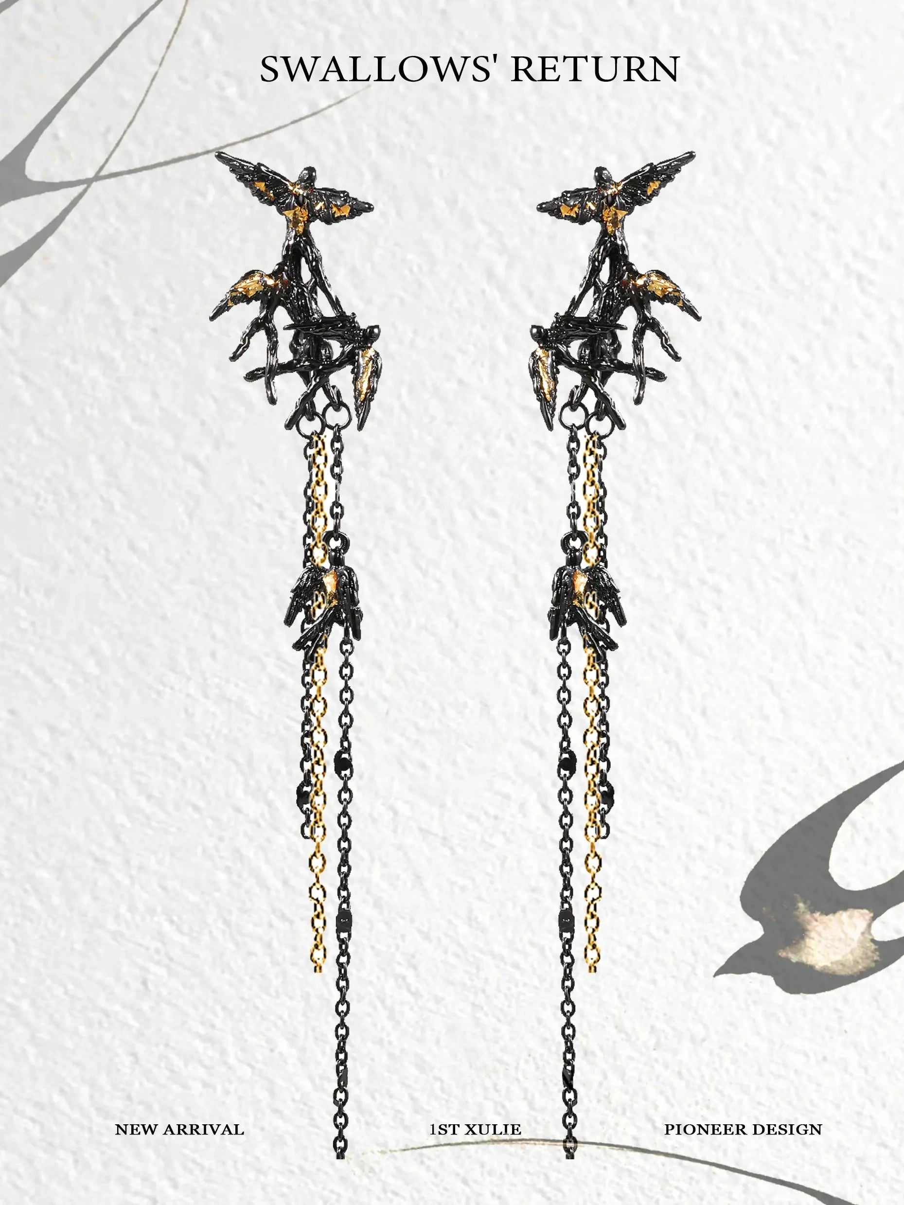 1ST XULIE "Swallow's Return" Swallow Tassel Dangle Earrings in 18K Black Gold Plated - Product View 1ST XULIE "Swallow's Return" Swallow Tassel Dangle Earrings in 18K Black Gold Plated - Product View