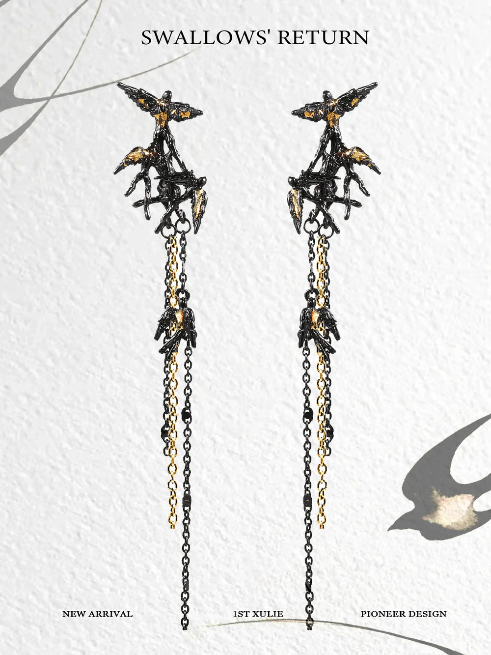 1ST XULIE "Swallow's Return" Swallow Tassel Dangle Earrings in 18K Black Gold Plated - Product View