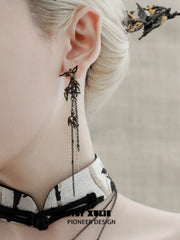 1ST XULIE "Swallow's Return" Swallow Tassel Dangle Earrings in 18K Black Gold Plated - On Model