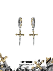 1ST XULIE Jewelry "Knight's Oath" B Style Sword Dangle Hoop Earrings in 18K Gold Plated Brass - On Model Close Up