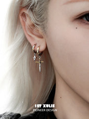 1ST XULIE Jewelry "Knight's Oath" C Style Sword Dangle Hoop Earrings in 18K Gold Plated Brass - Detail Shot