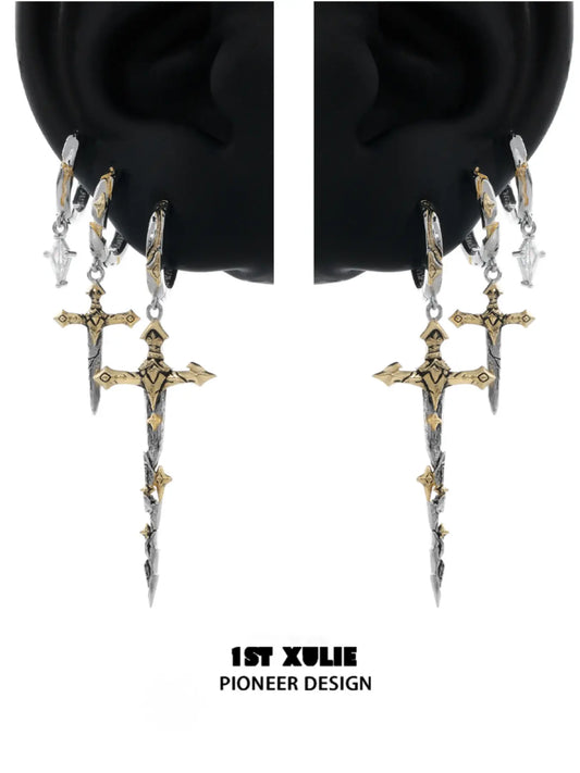 1ST XULIE Jewelry "Knight's Oath" Sword Dangle Hoop Earrings in 18K Gold Plated Brass - Size Comparison