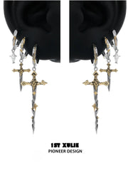 1ST XULIE Jewelry "Knight's Oath" Sword Dangle Hoop Earrings in 18K Gold Plated Brass - Size Comparison