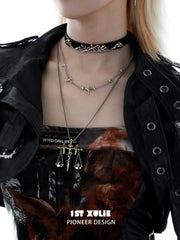 1ST XULIE Jewelry "Knight's Oath" Sword Leather Choker Necklace in 18K Gold Plated - On Model (Choker Style)