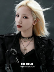 1ST XULIE Jewelry "Knight's Oath" Sword Leather Choker Necklace in 18K Gold Plated - On Model (Pendant Style)