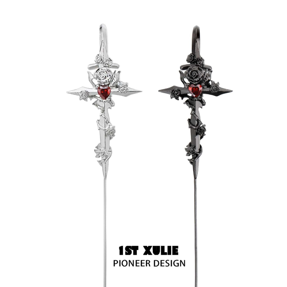 1ST XULIE "Taboo Rose" Edgy Sword Threader Needle Piercing Earrings in Platinum Plated Brass - Detail Shot