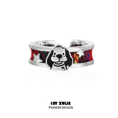 1ST XULIE "MERRY CHRISTMAS 2024" Tartan Puppy Christmas Ring in 925 Sterling Silver - Detail Shot