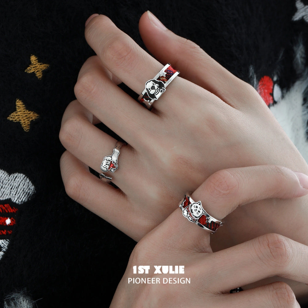 1ST XULIE "MERRY CHRISTMAS 2024" Tartan Kitten & Puppy Christmas Rings in 925 Sterling Silver - Product View