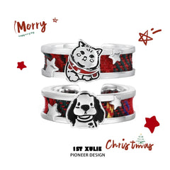 1ST XULIE "MERRY CHRISTMAS 2024" Tartan Puppy Christmas Ring in 925 Sterling Silver - On Model