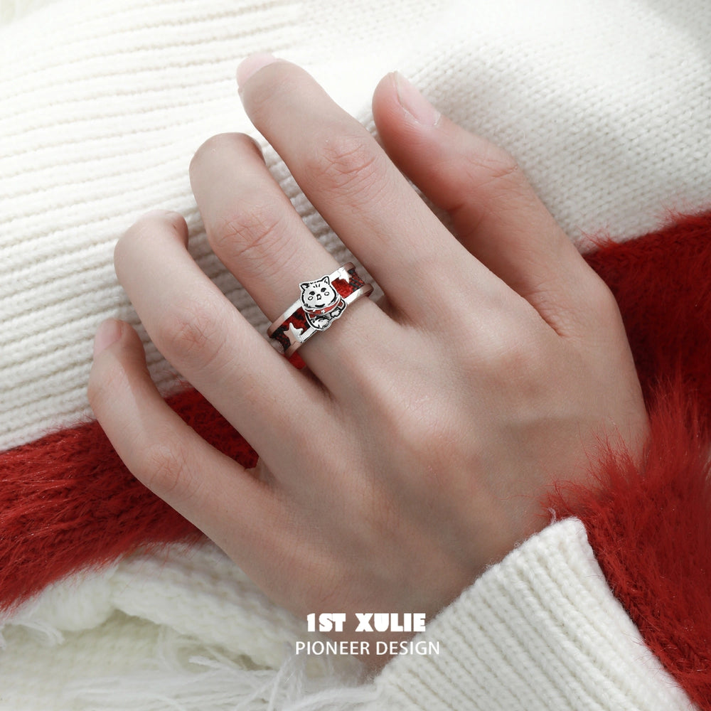 1ST XULIE "MERRY CHRISTMAS 2024" Tartan Kitten & Puppy Christmas Rings in 925 Sterling Silver - Packaging View