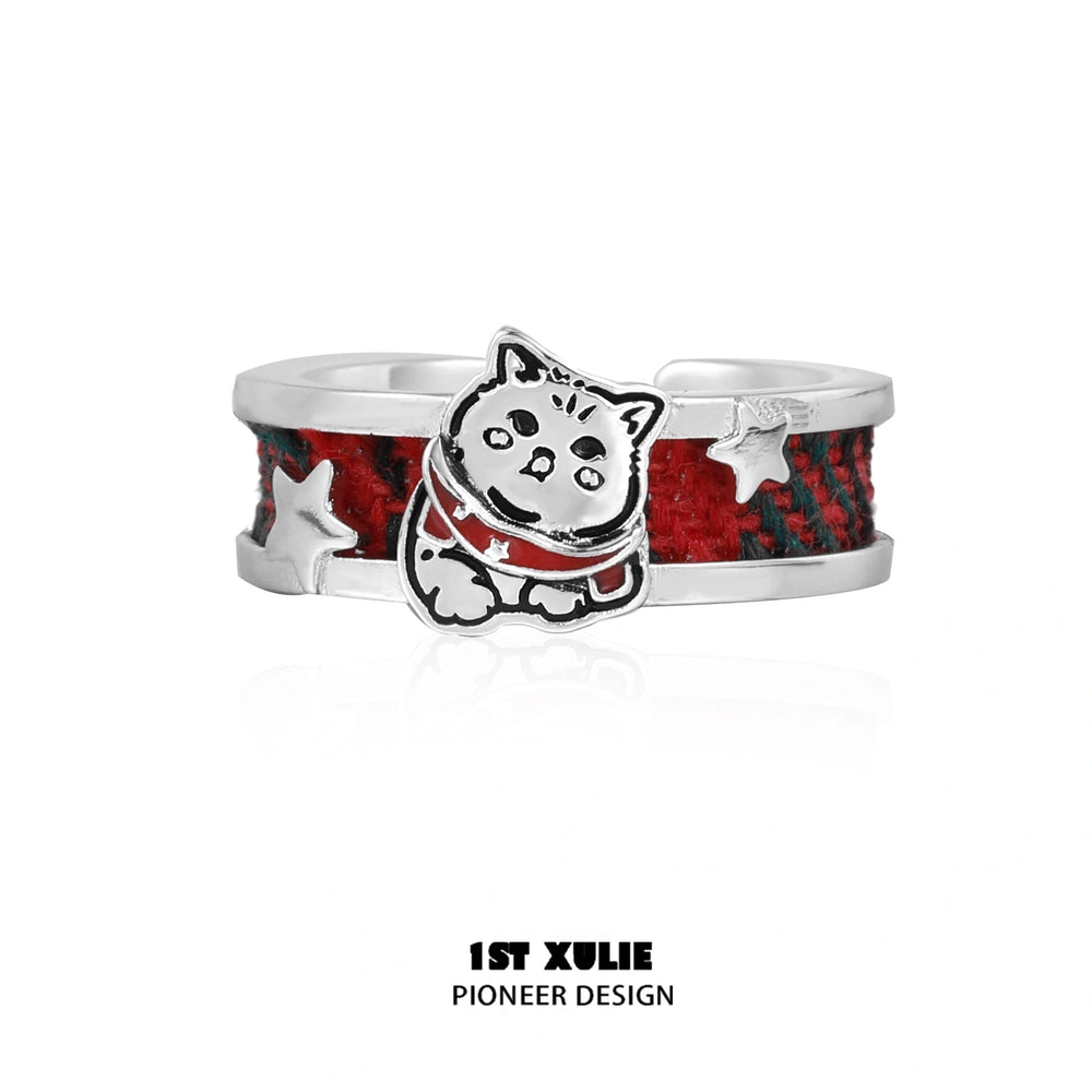 1ST XULIE "MERRY CHRISTMAS 2024" Tartan Kitten & Puppy Christmas Rings in 925 Sterling Silver - Side View