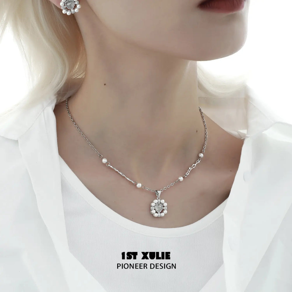 Detail shot of the matching "Tears of Mermaid" Necklace for the 1ST XULIE White Agate and Pearl Halo Stud Earrings