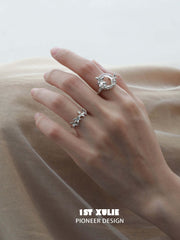 1ST XULIE "Whiterfly" Textured Butterfly Statement Ring in 925 Sterling Silver - Angle View on Model