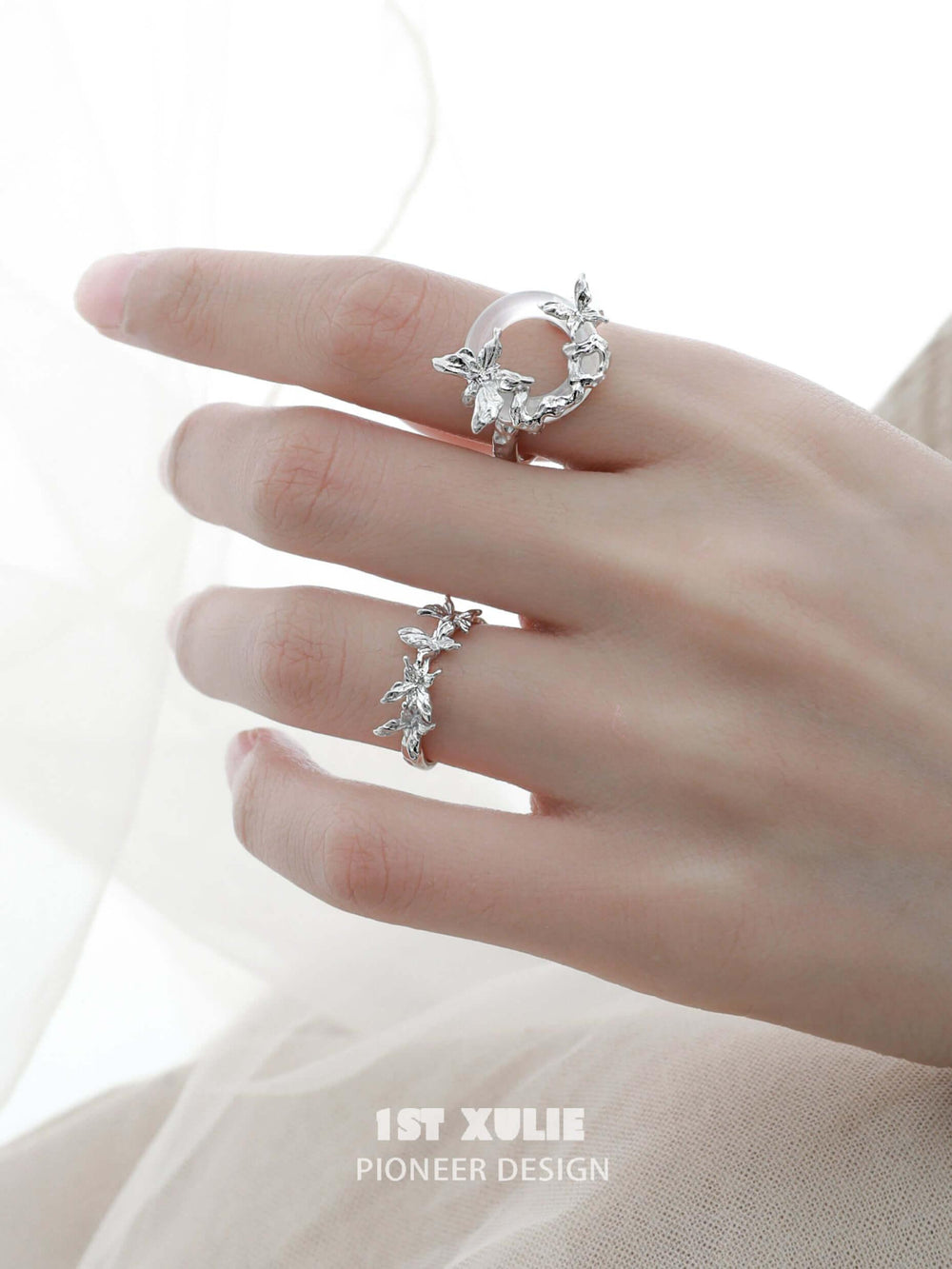 1ST XULIE "Whiterfly" Textured Butterfly Statement Ring in 925 Sterling Silver - Detail Shot