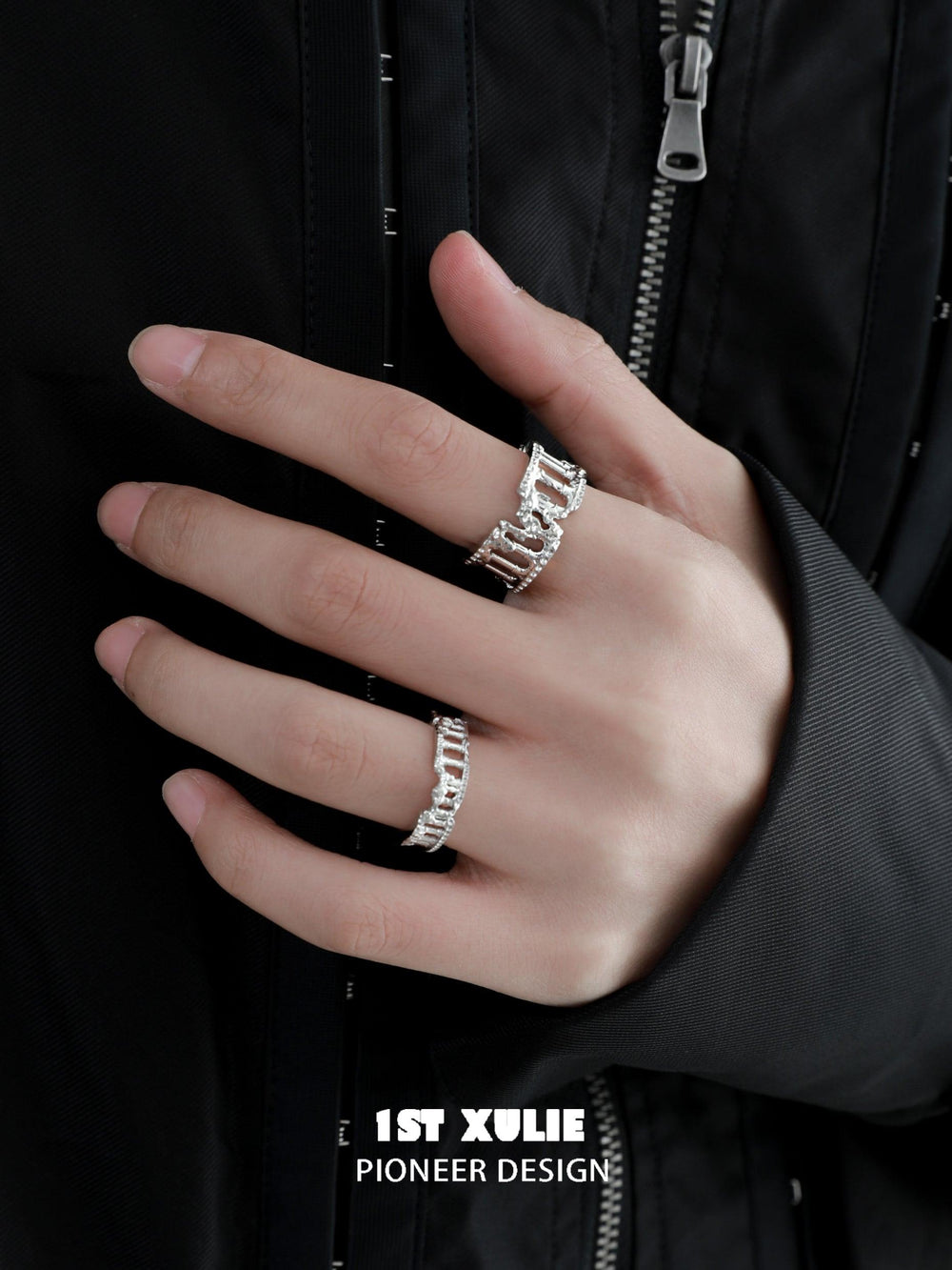 1ST XULIE "Crystal Palace" Textured Stacking Band Ring in 925 Sterling Silver - Detail Shot