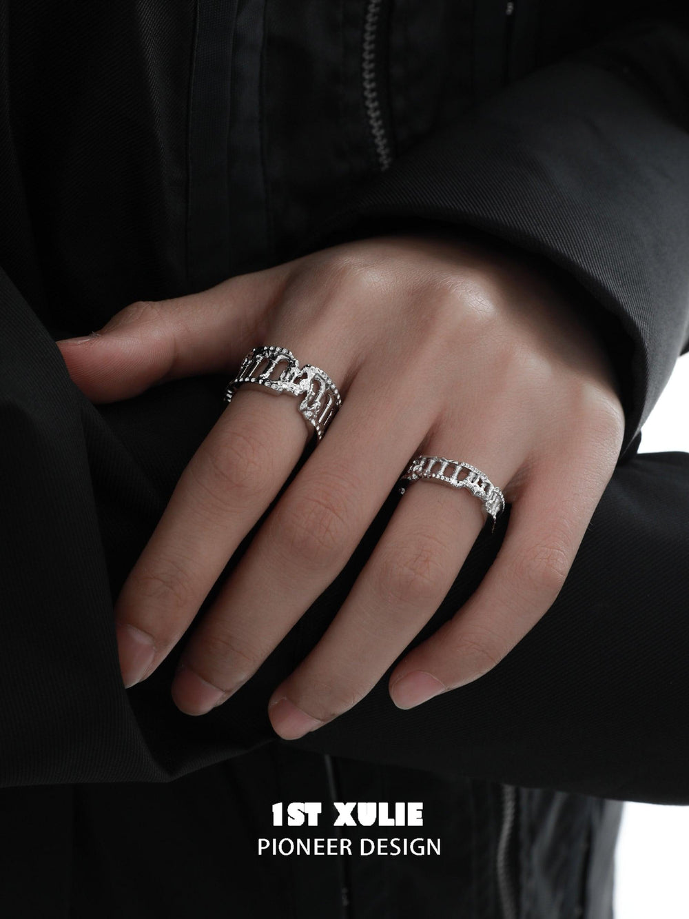 1ST XULIE "Crystal Palace" Textured Stacking Band Ring in 925 Sterling Silver - Lifestyle Shot