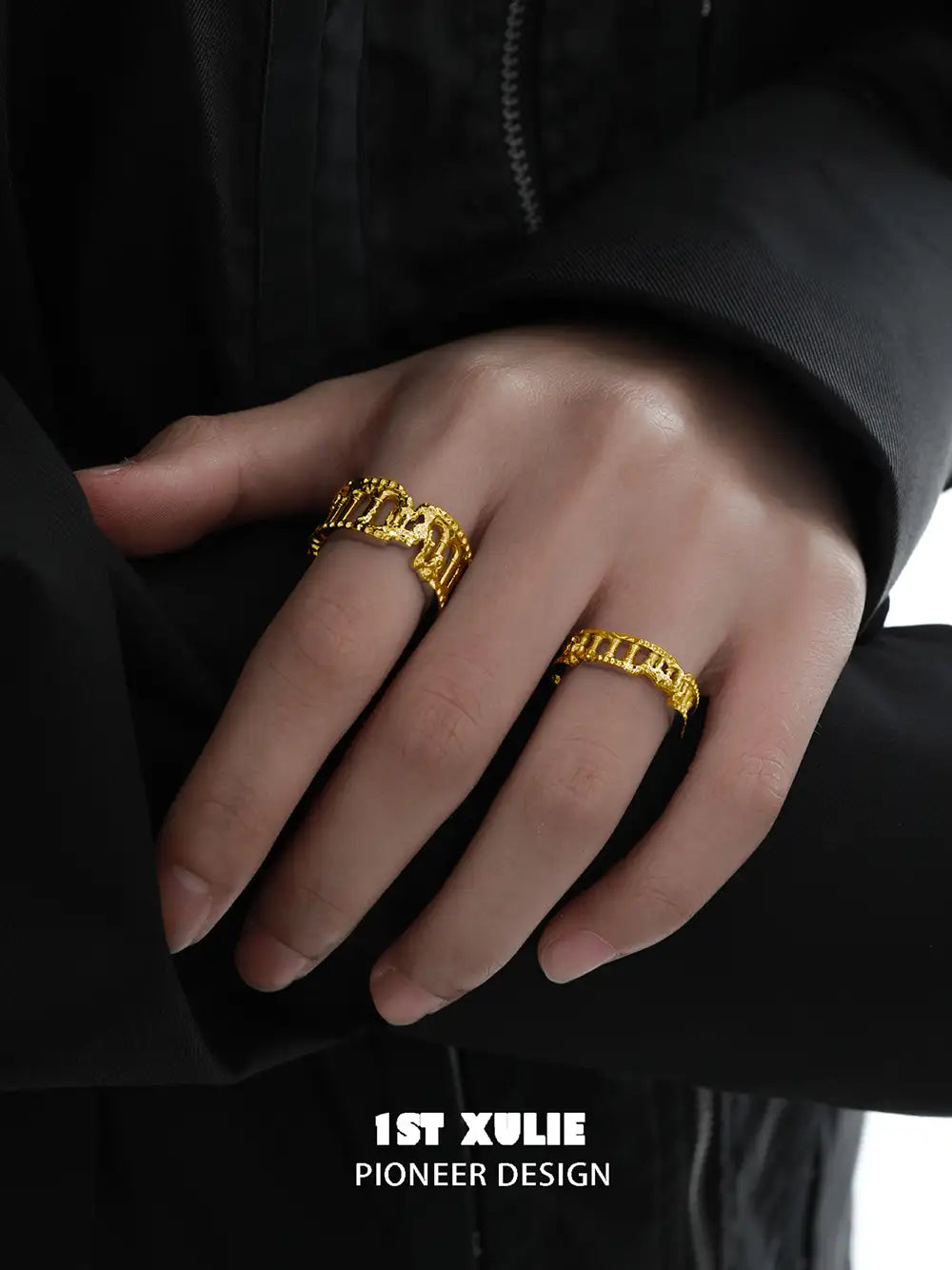 1ST XULIE "Crystal Palace" Textured Stacking Band Ring in 925 Sterling Silver - On Model