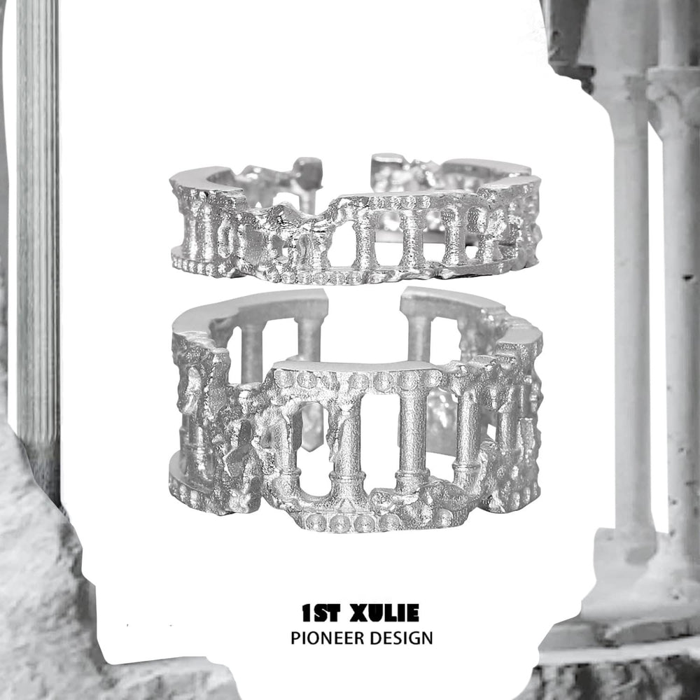 1ST XULIE "Crystal Palace" Textured Stacking Band Ring in Silver and Gold - Product View