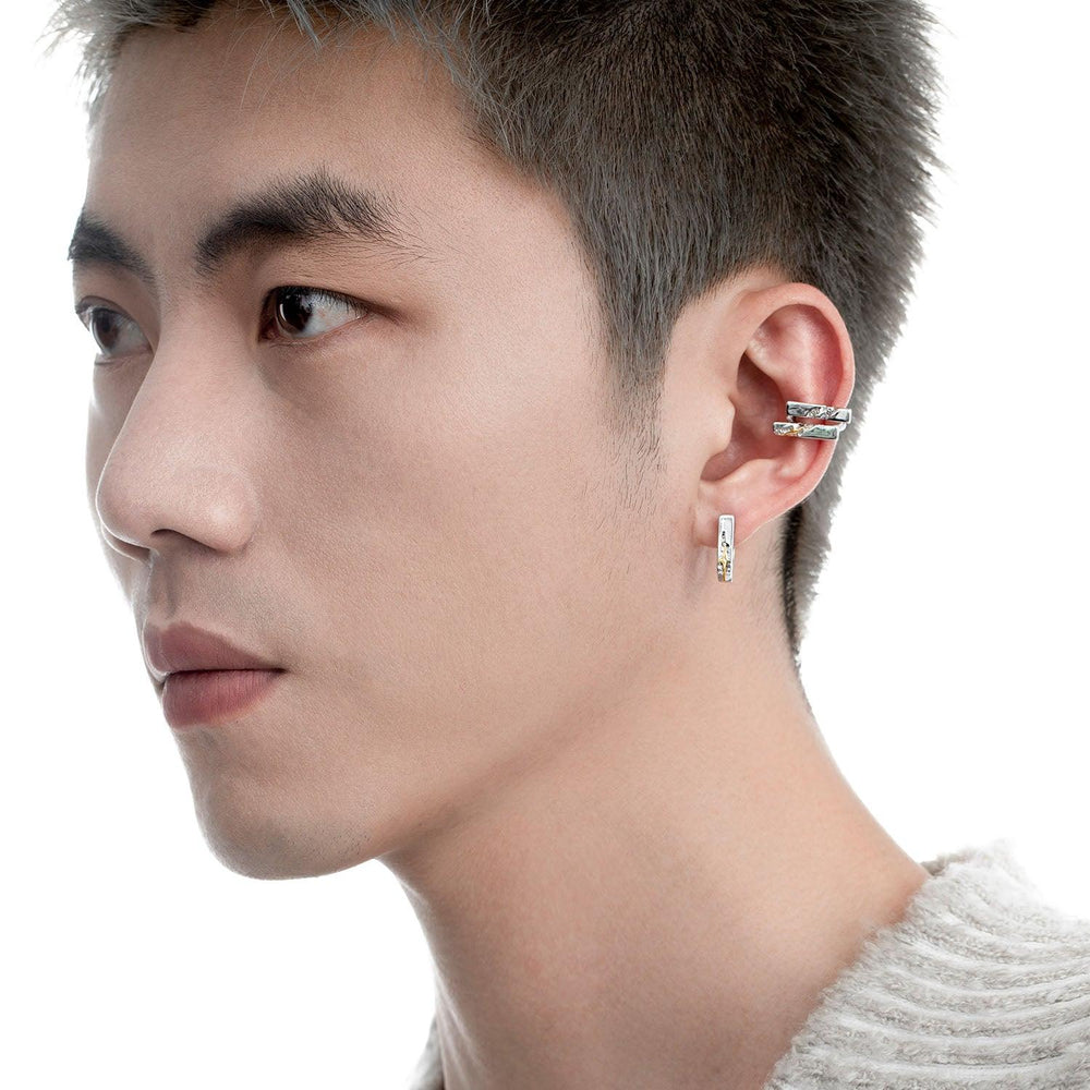 1ST XULIE "Starfall" Textured Starburst Ear Clips in Platinum Plated - On Model Close-up