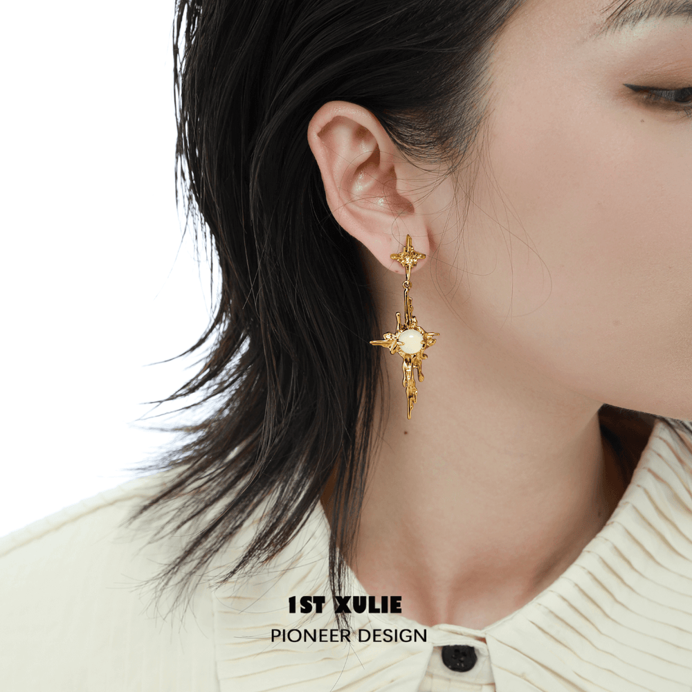 1ST XULIE "Day Dream" Textured White Agate Pendant Earrings in 24K Gold Plate - Detail Shot