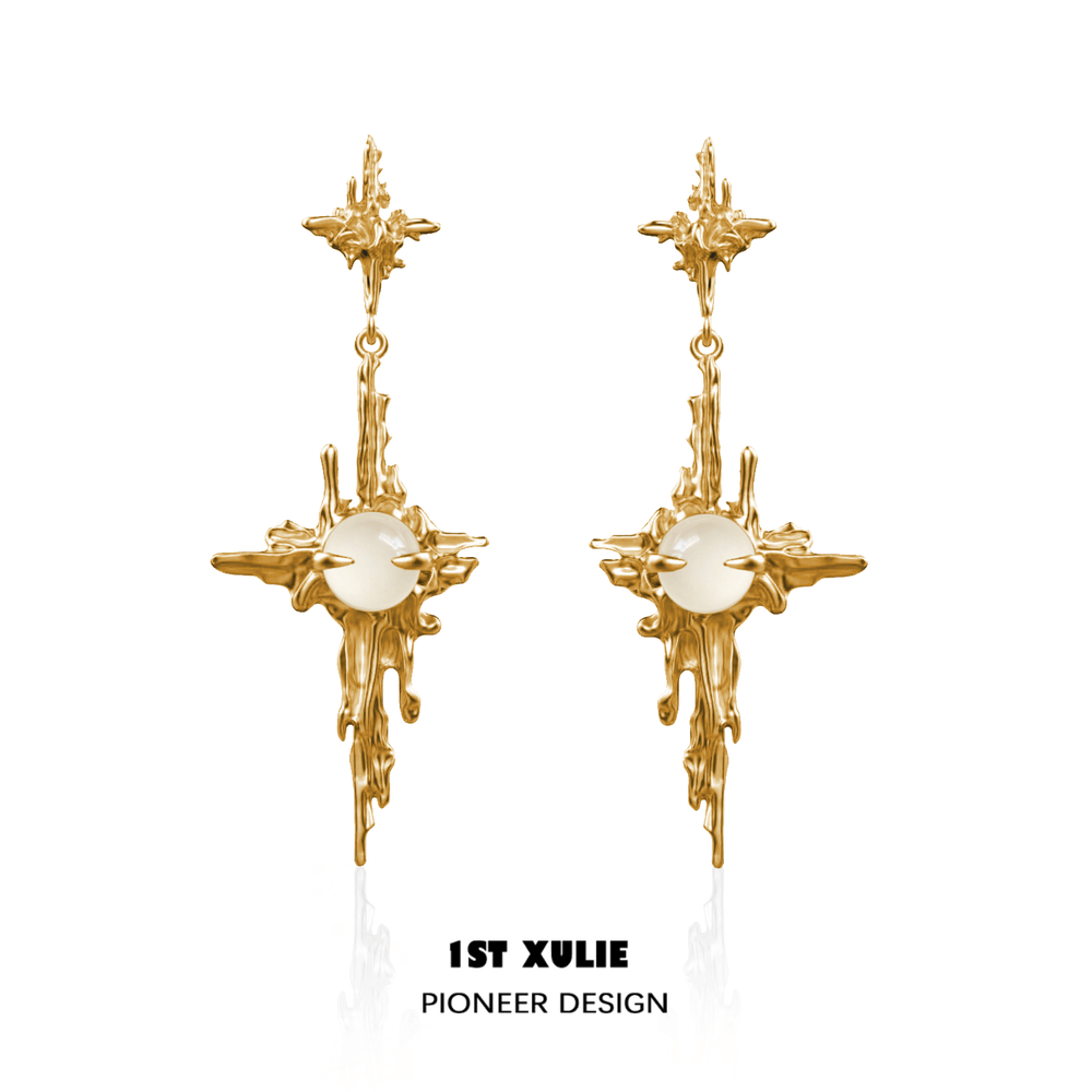 1ST XULIE "Day Dream" Textured White Agate Pendant Earrings in 24K Gold Plate - Product View