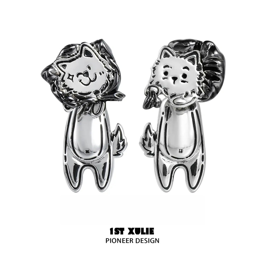 1ST XULIE "Graffiti Puppy" Platinum Plated Playful Thief Husky Dangle Stud Earrings - Side View