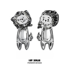 1ST XULIE "Graffiti Puppy" Platinum Plated Playful Thief Husky Dangle Stud Earrings - Side View