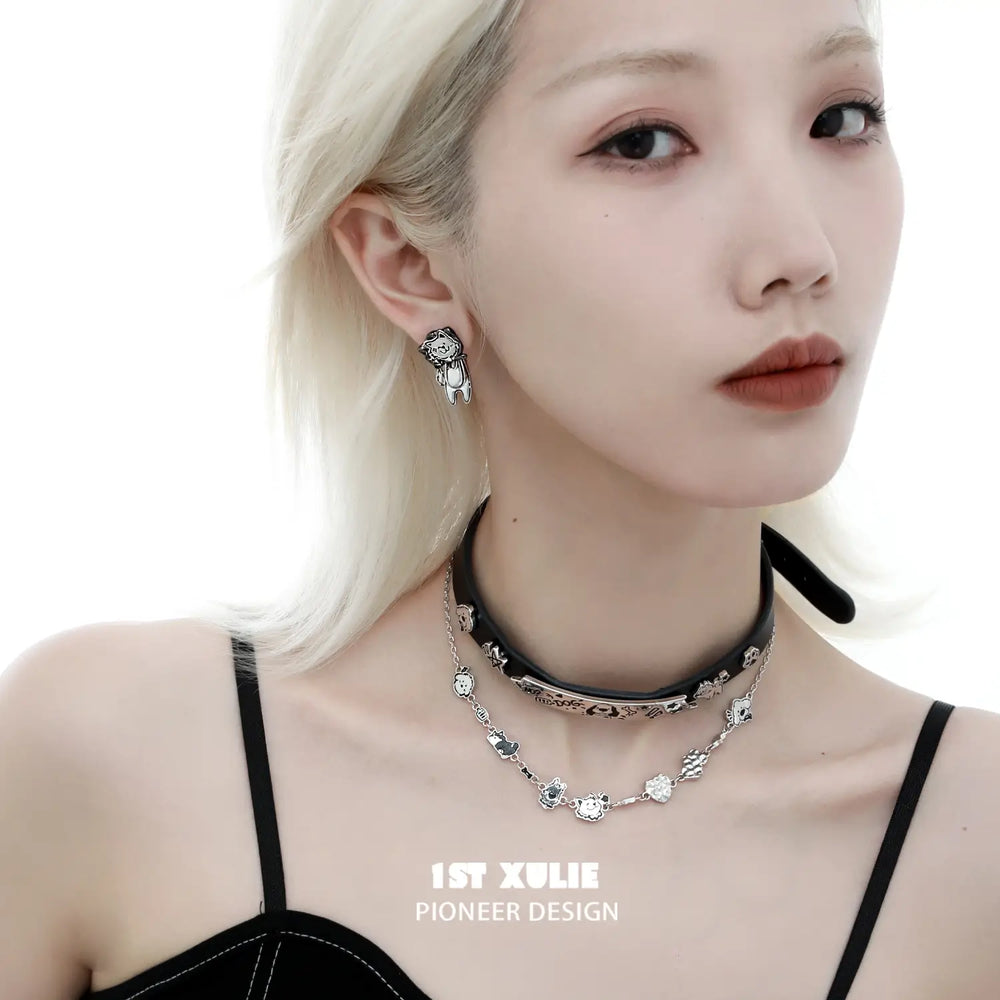 1ST XULIE "Graffiti Puppy" Platinum Plated Playful Thief Husky Dangle Stud Earrings - Back View