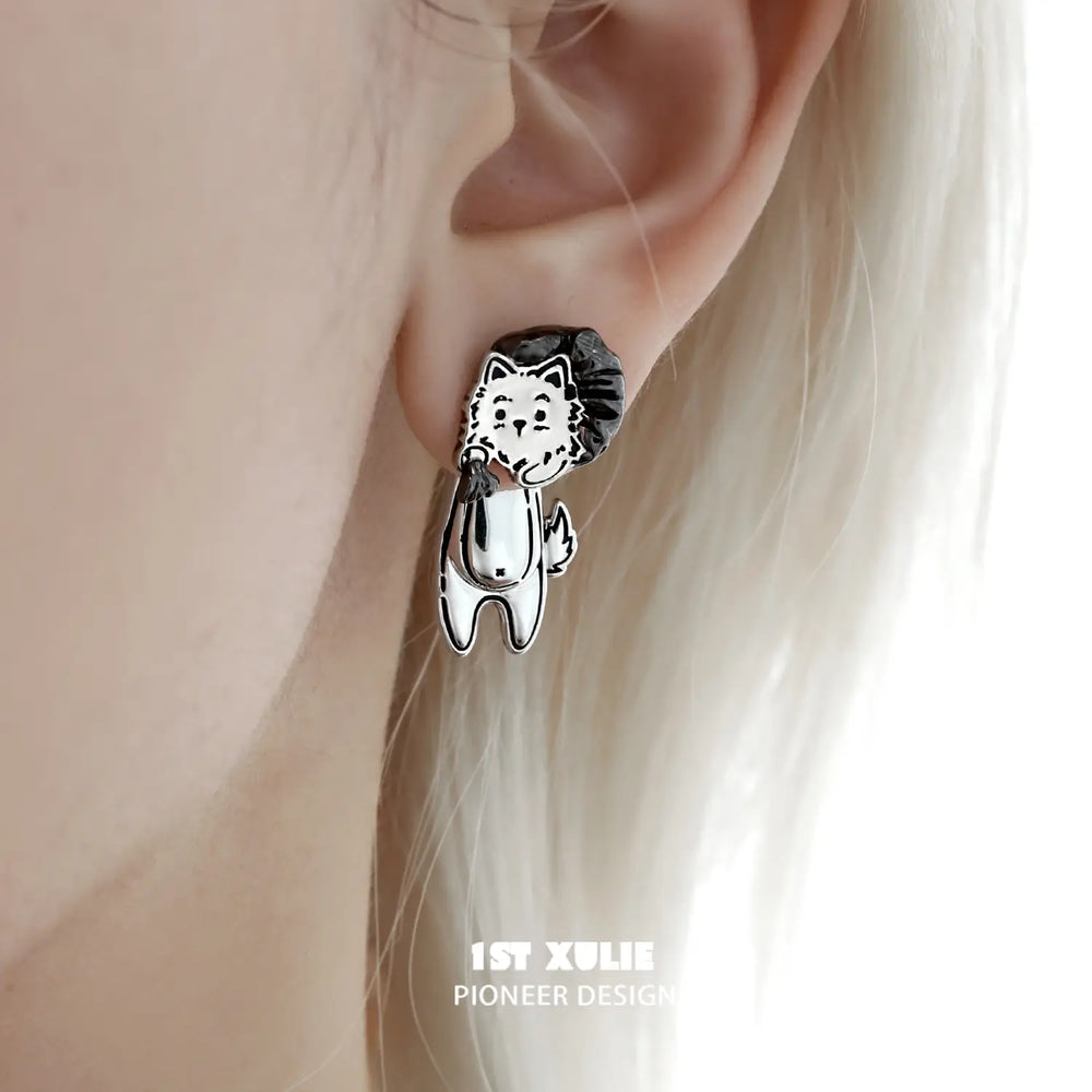 1ST XULIE "Graffiti Puppy" Platinum Plated Playful Thief Husky Dangle Stud Earrings - Detail Shot