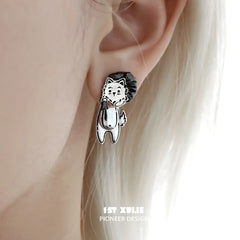 1ST XULIE "Graffiti Puppy" Platinum Plated Playful Thief Husky Dangle Stud Earrings - Detail Shot