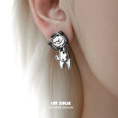 1ST XULIE "Graffiti Puppy" Platinum Plated Playful Thief Husky Dangle Stud Earrings - Product View