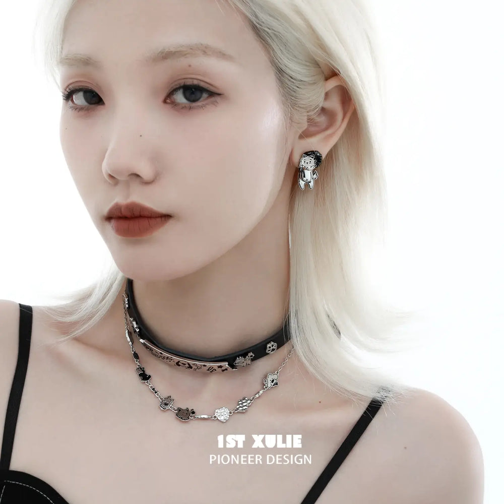 1ST XULIE "Graffiti Puppy" Platinum Plated Playful Thief Husky Dangle Stud Earrings - Pair View