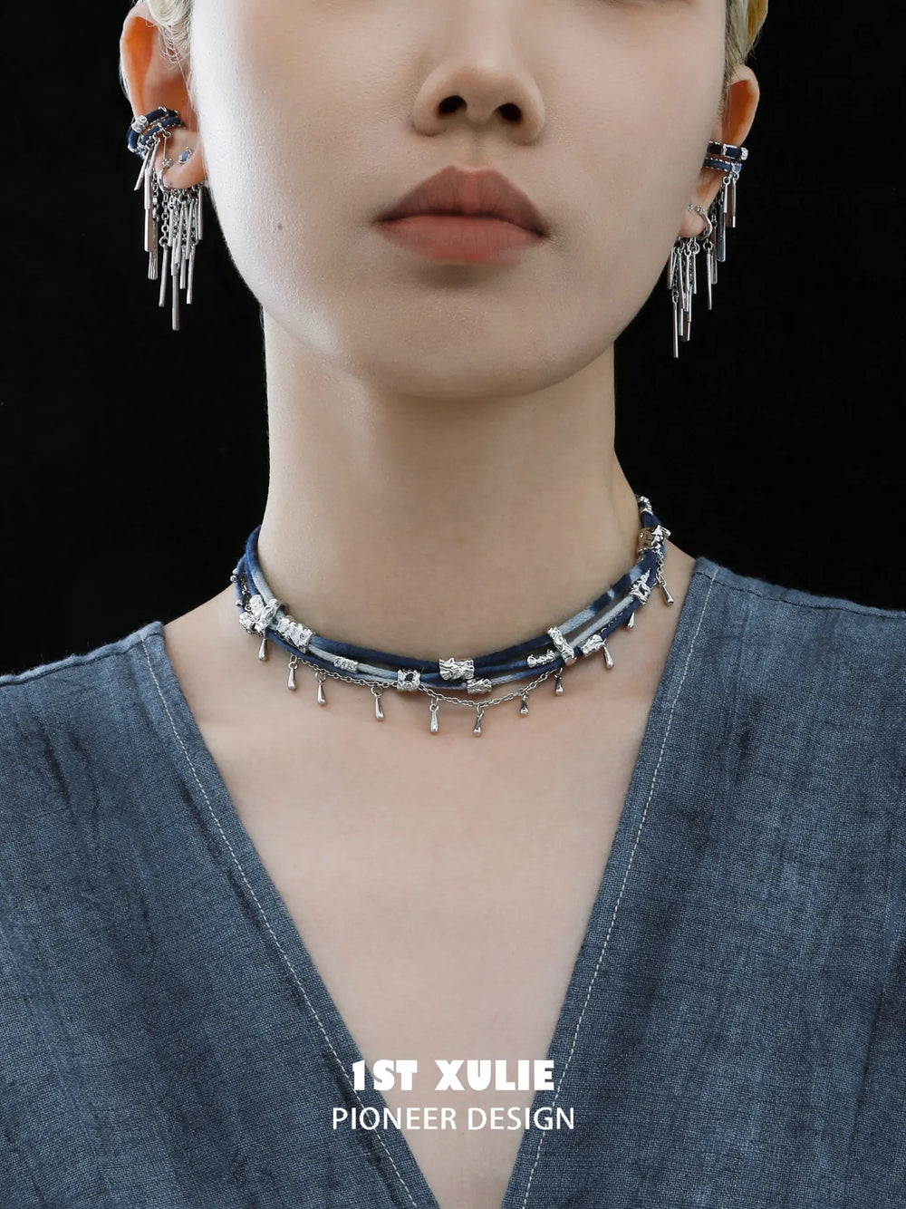 1ST XULIE Jewelry "MIAO" Tie-Dye Braided Moon River Choker Necklace in Tie-Dye Cotton - Product View