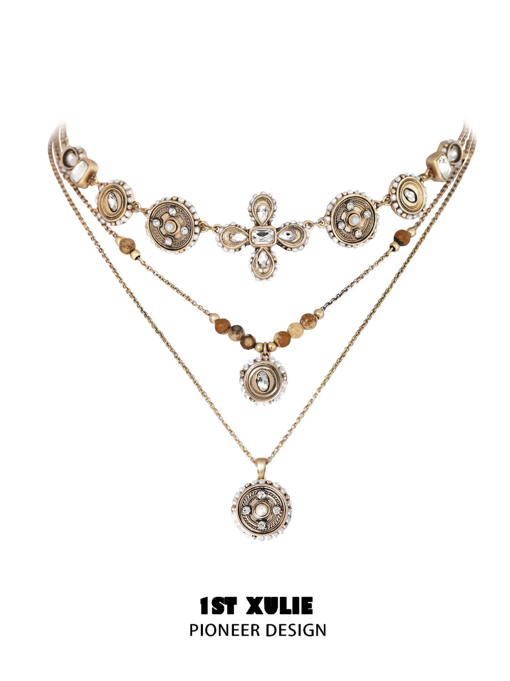 1ST XULIE Jewelry "Bastet" Tiger's Eye & Pearl Layered Pendant Necklaces in 18K Gold Plated - Angle View