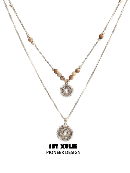 1ST XULIE Jewelry "Bastet" Tiger's Eye & Pearl Layered Pendant Necklaces in 18K Gold Plated - On Model Close Up