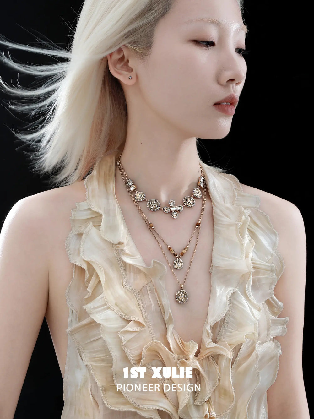 1ST XULIE Jewelry "Bastet" Tiger's Eye & Pearl Layered Pendant Necklaces in 18K Gold Plated - Side View