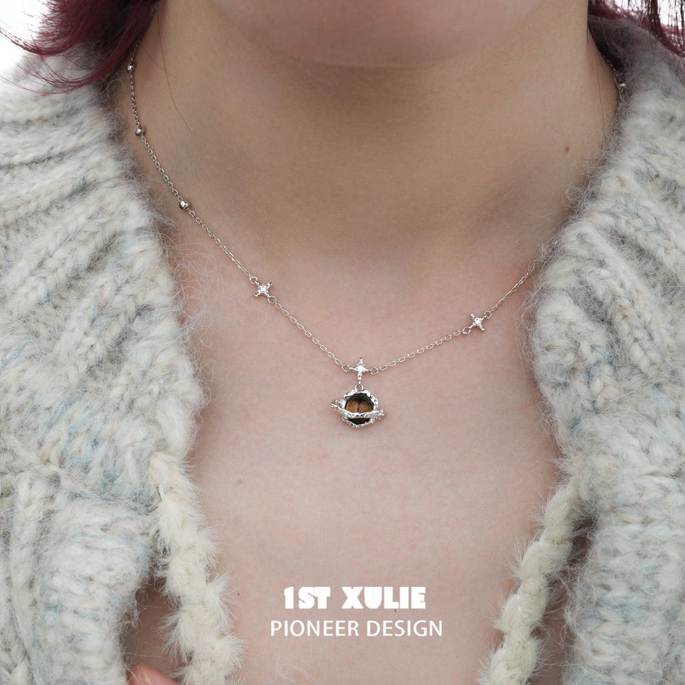 1ST XULIE "Barren Planet" Tiger's Eye Planet Statement Pendant Necklace in 925 Sterling Silver - Lifestyle Shot