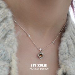 1ST XULIE "Barren Planet" Tiger's Eye Planet Statement Pendant Necklace in 925 Sterling Silver - Product View