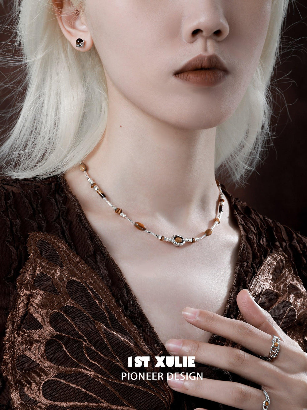 1ST XULIE "Desert Sunset" Tiger's Eye Stone Necklace in 925 Sterling Silver - Product View