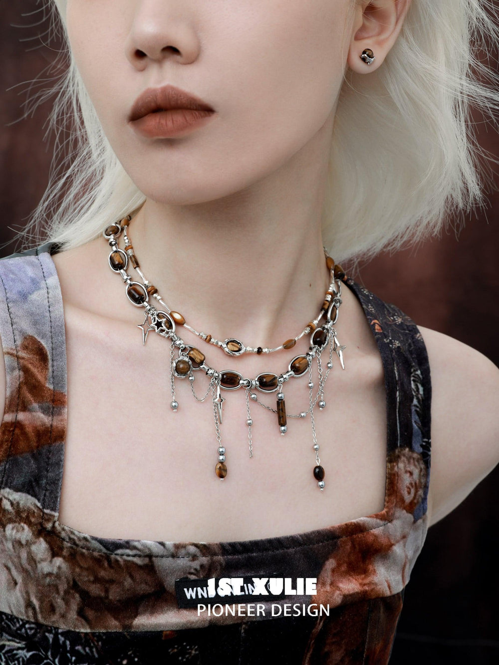 1ST XULIE "Desert Sunset" Tiger's Eye Stone Necklace in 925 Sterling Silver - Side View