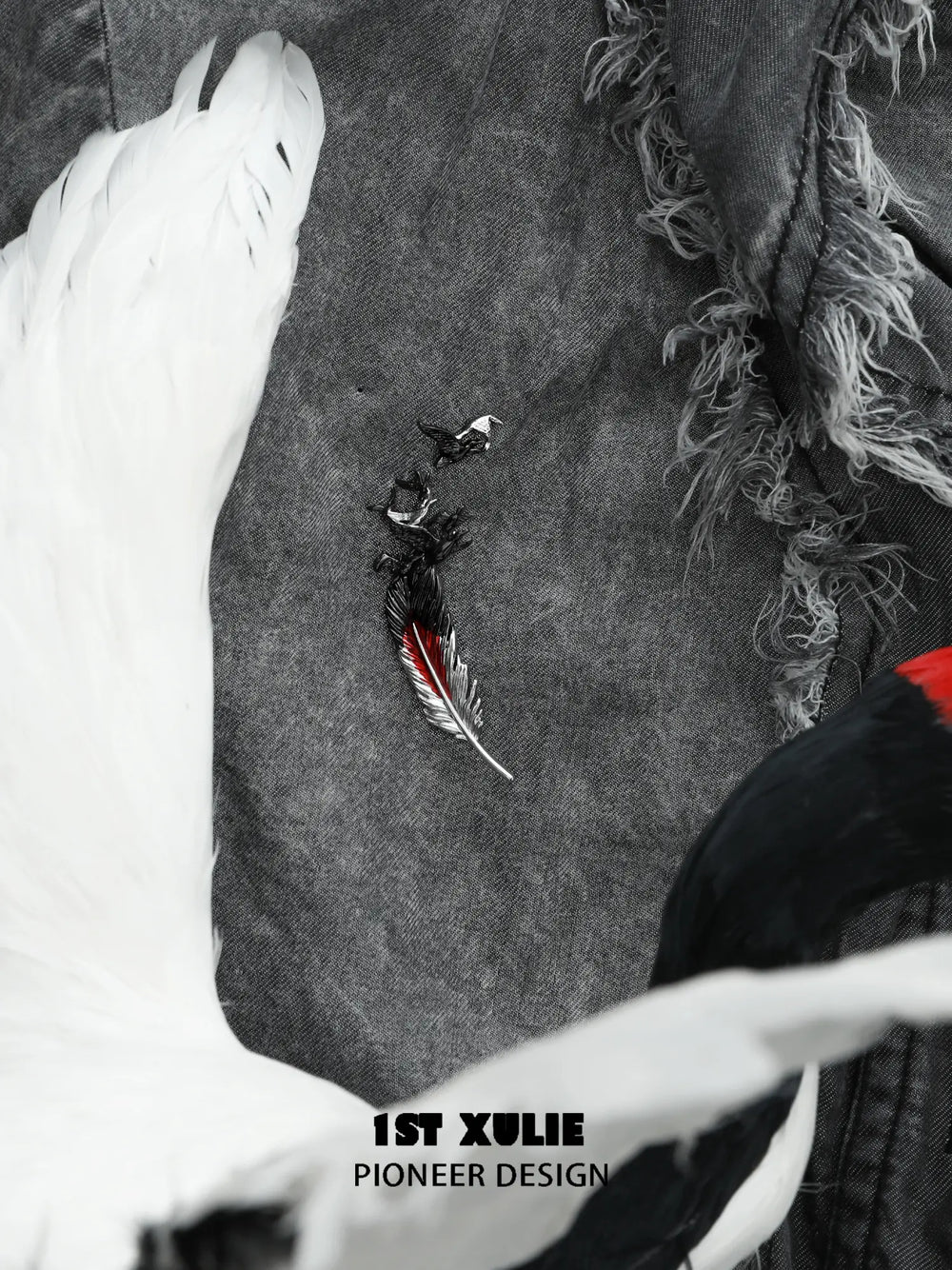 1ST XULIE Jewelry "Soaring Cranes" Two-Piece Crane Feather Brooch in Platinum Plated - Product View