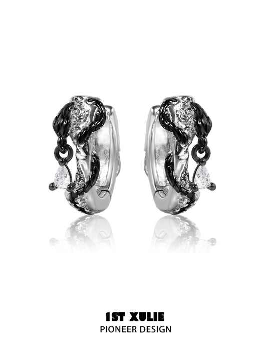 1ST XULIE "Snake Bite" Two-Tone Zirconia Statement Huggie Hoop Earrings in Platinum & 18K Black Gold Plating - Lifestyle Shot
