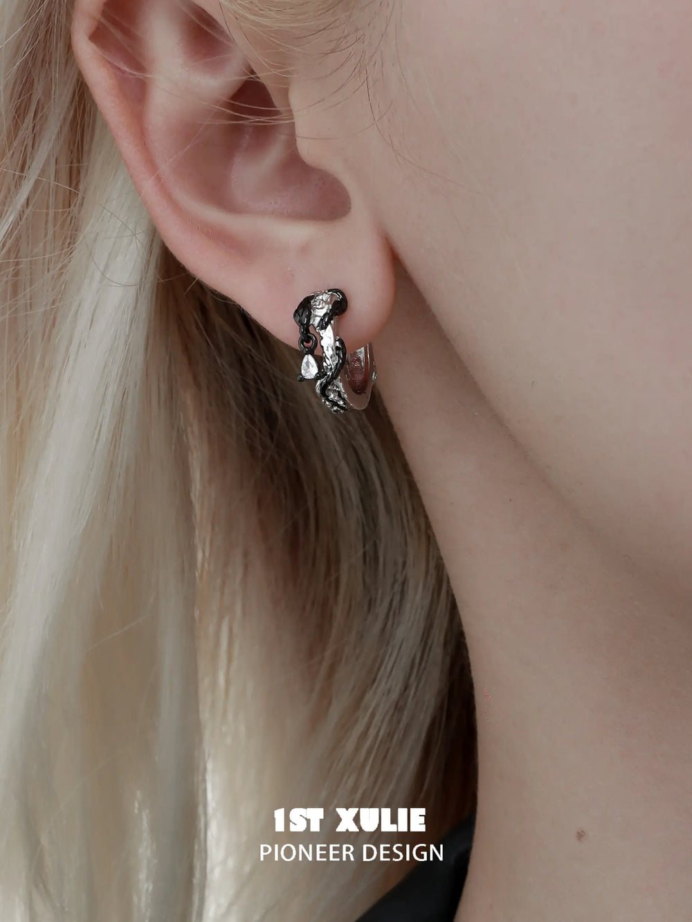 1ST XULIE "Snake Bite" Two-Tone Zirconia Statement Huggie Hoop Earrings in Platinum & 18K Black Gold Plating - Side View