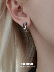 1ST XULIE "Snake Bite" Two-Tone Zirconia Statement Huggie Hoop Earrings in Platinum & 18K Black Gold Plating - Side View