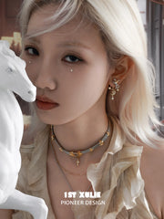 1ST XULIE "DREAM HORSE" Detachable Unicorn Moon & Star Drop Earrings in 18K Gold & Platinum Plate - Lifestyle Shot